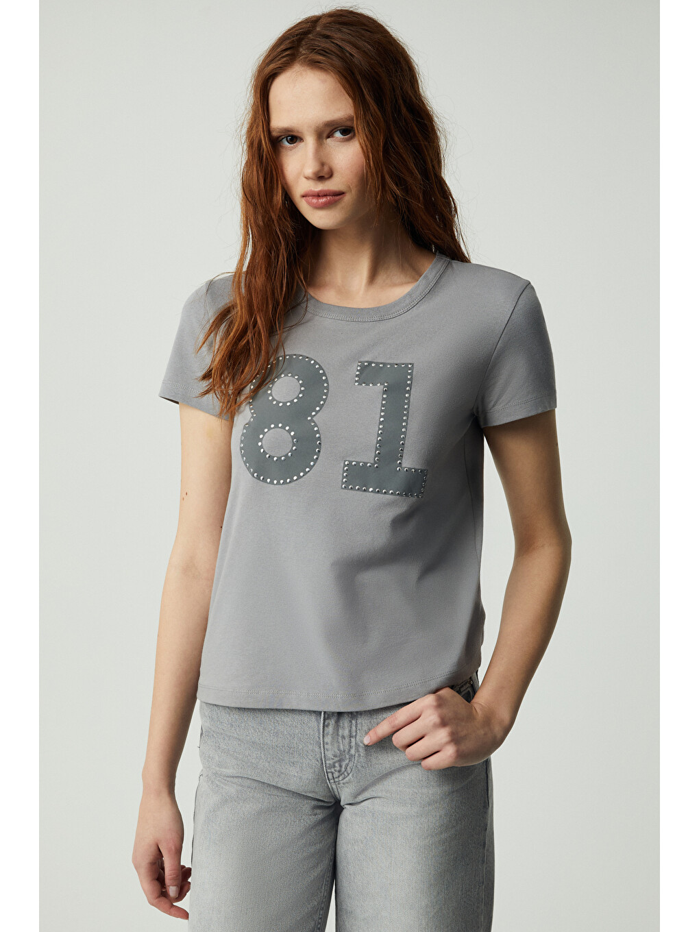 Sınce Kadın Regular Baskılı Taşlı Yuvarlak Yaka Açık Gri T-shirt-2