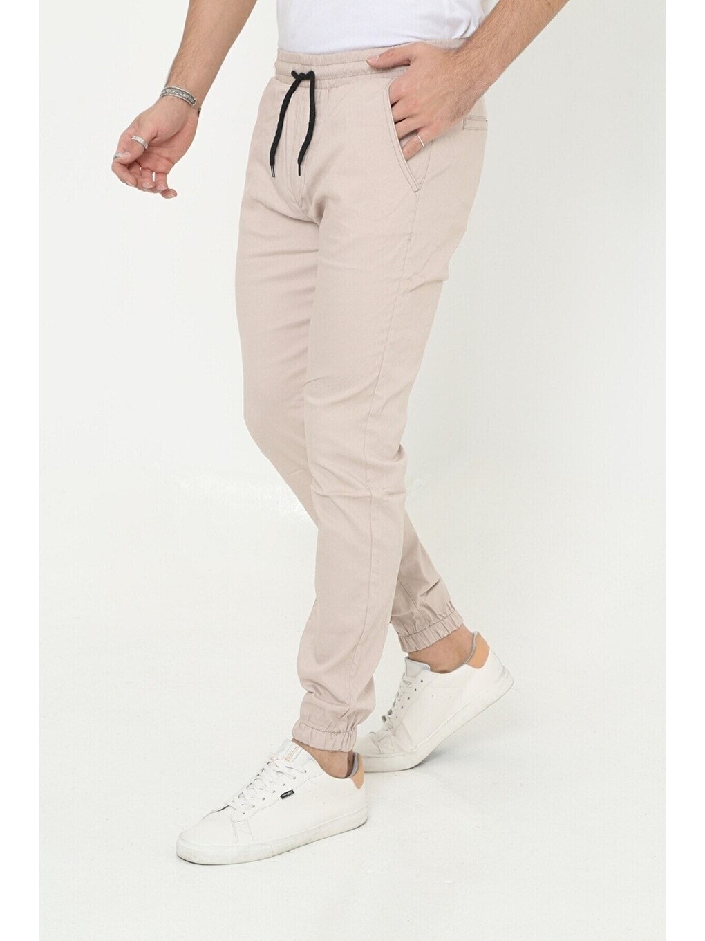 Bej Erkek Jogger Bel Lastikli Pantolon-1