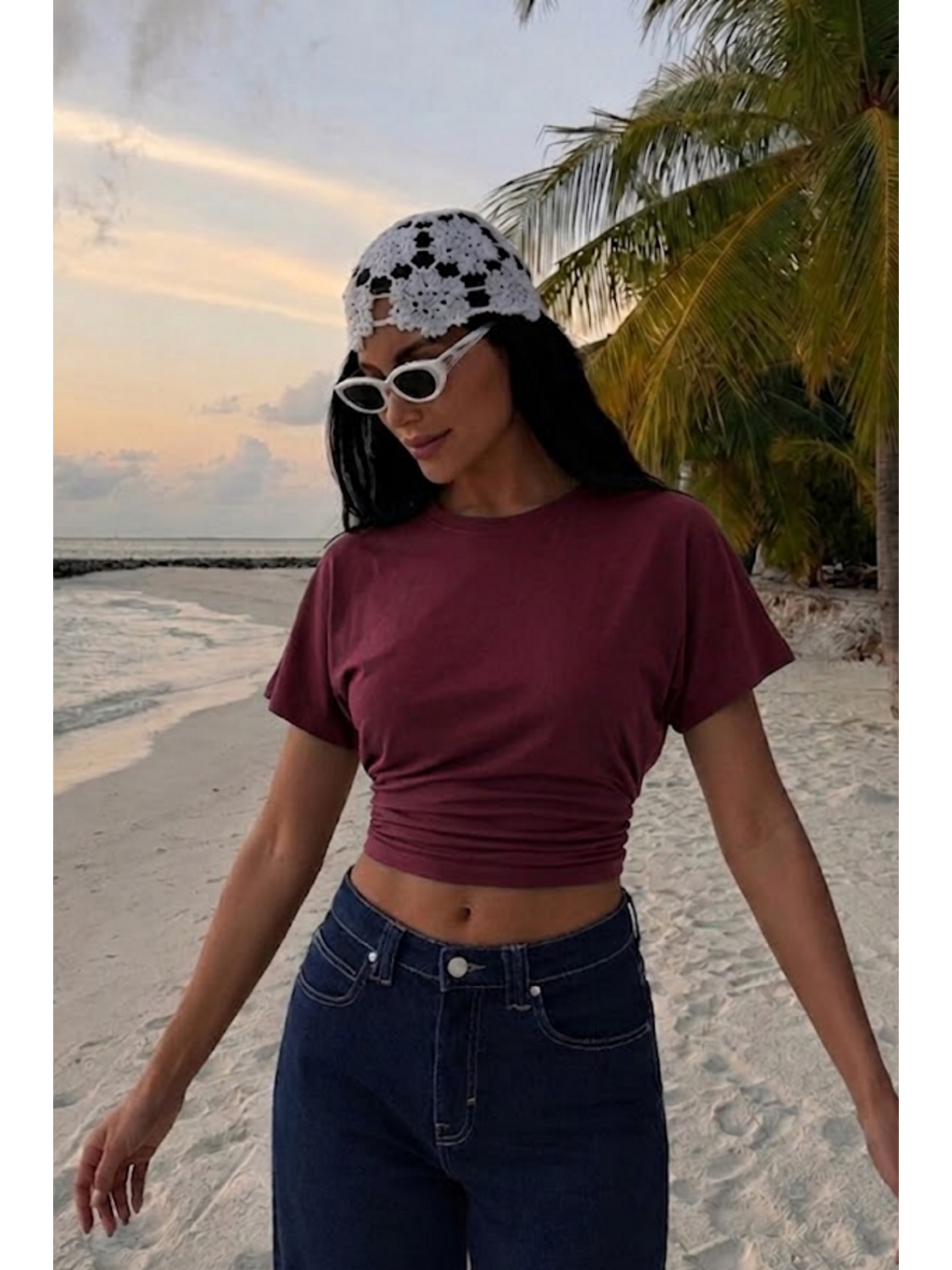 Kadın Yarasa Kollu Dar Bordo Crop Tişört