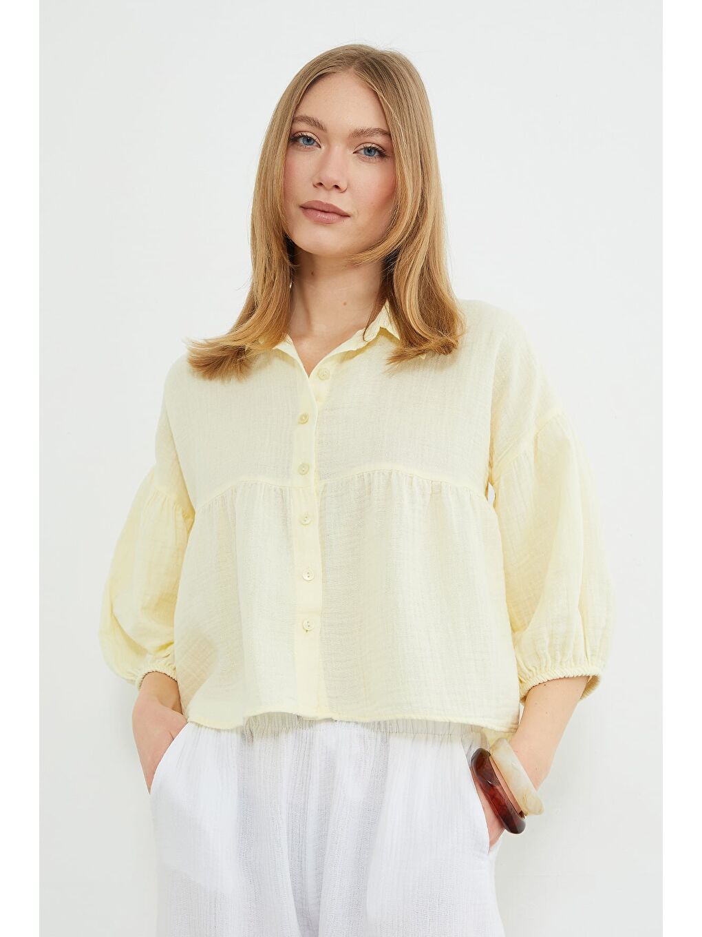 Sarı Balon Kol Salaş Müslin Kumaş Gömlek-4