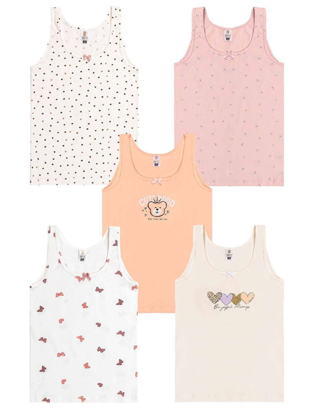 Beyaz 5'li Paket Kız Çocuk Karışık Renkli Desenli Pamuklu Yumuşak Kalın Askılı Atlet | 41600