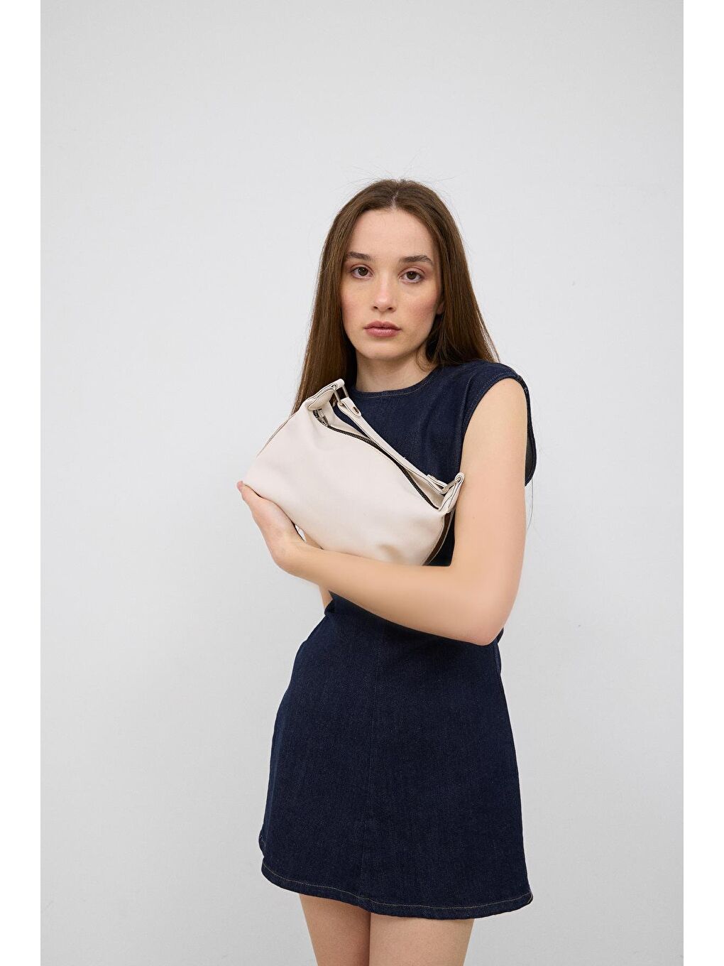 Ekru Elu Deri El Ve Çapraz Çanta Krem-1