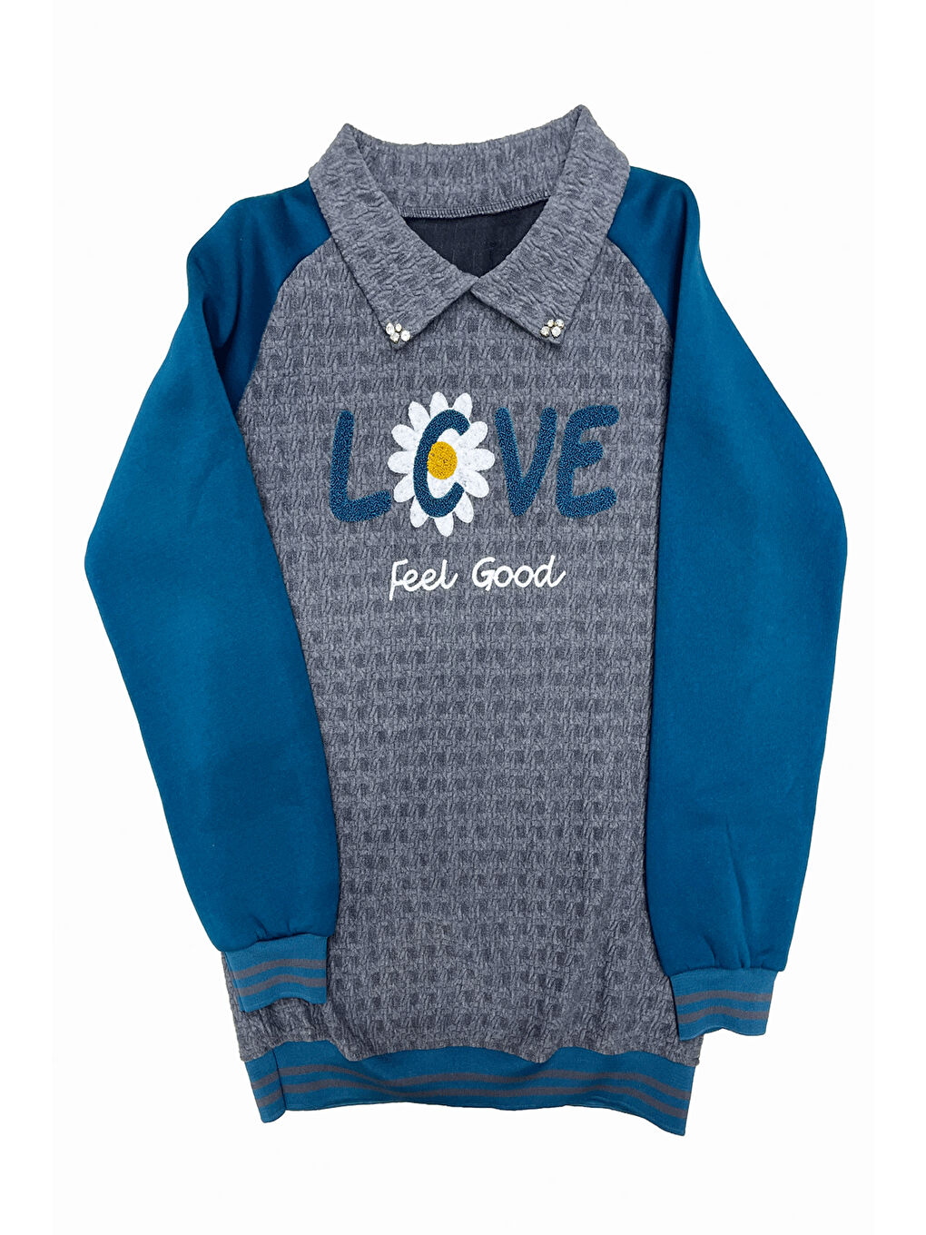 Petrol Kız Çocuk Kargo Cepli Gömlek Yakalı ve Yaka Taşlı 3 İplik Alt Üst Takım 12328-1