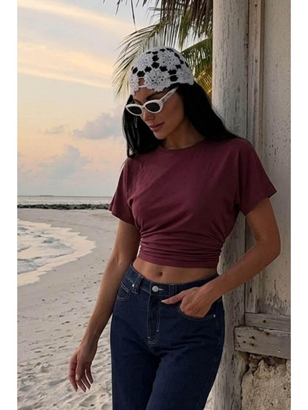 Kadın Yarasa Kollu Dar Bordo Crop Tişört-2