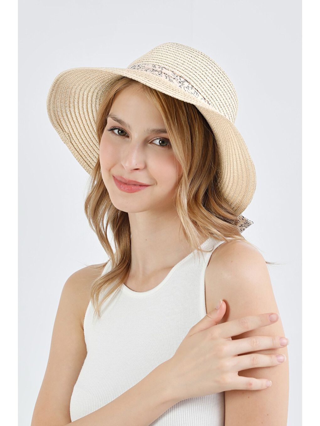 Bej Kurdeleli Hasır Şapka-1