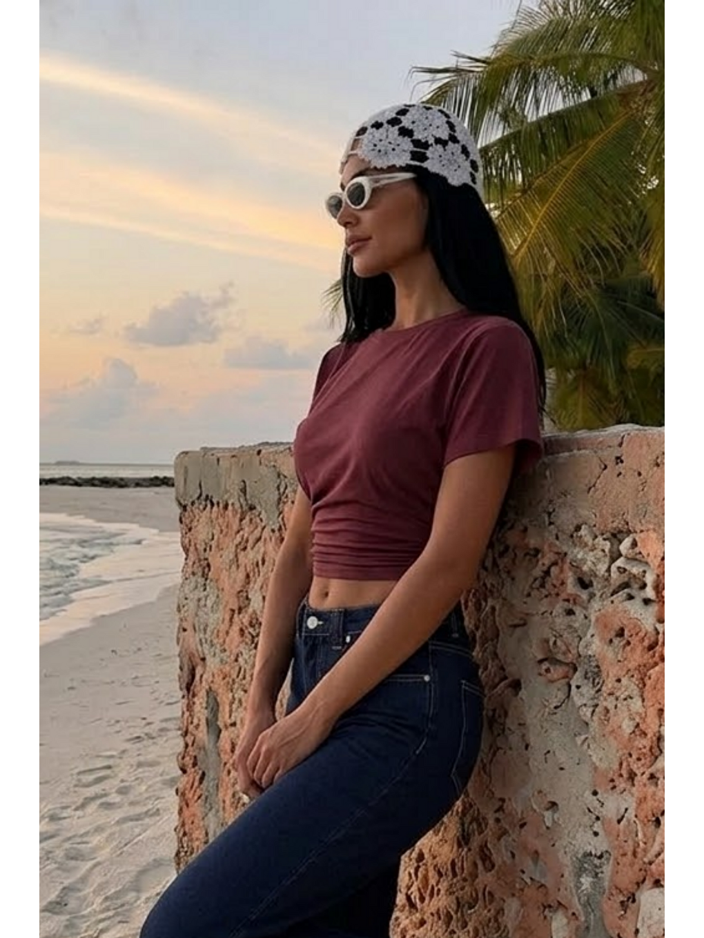 Kadın Yarasa Kollu Dar Bordo Crop Tişört-3