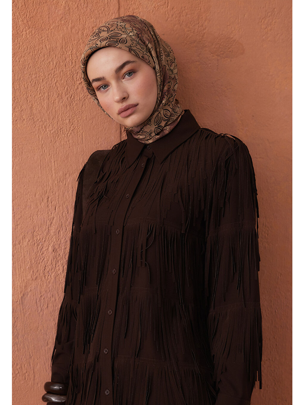 Kahverengi Hesperıa Desen Pamuk İpek Eşarp Soğan Kabuğu