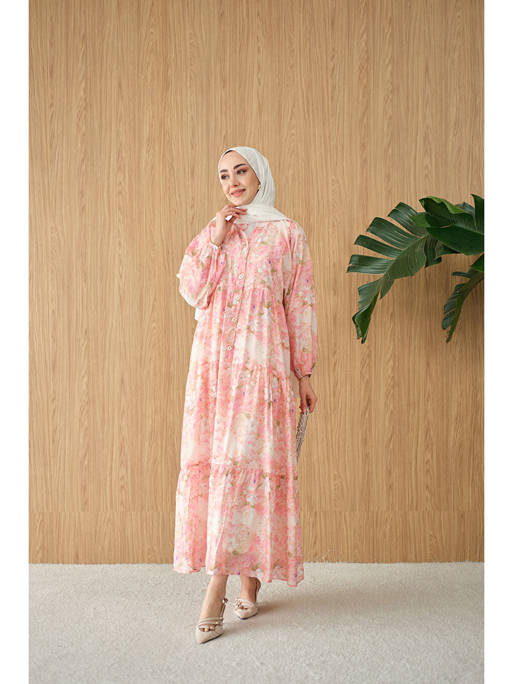 Kadın Şakayık Desen Elbise Pembe