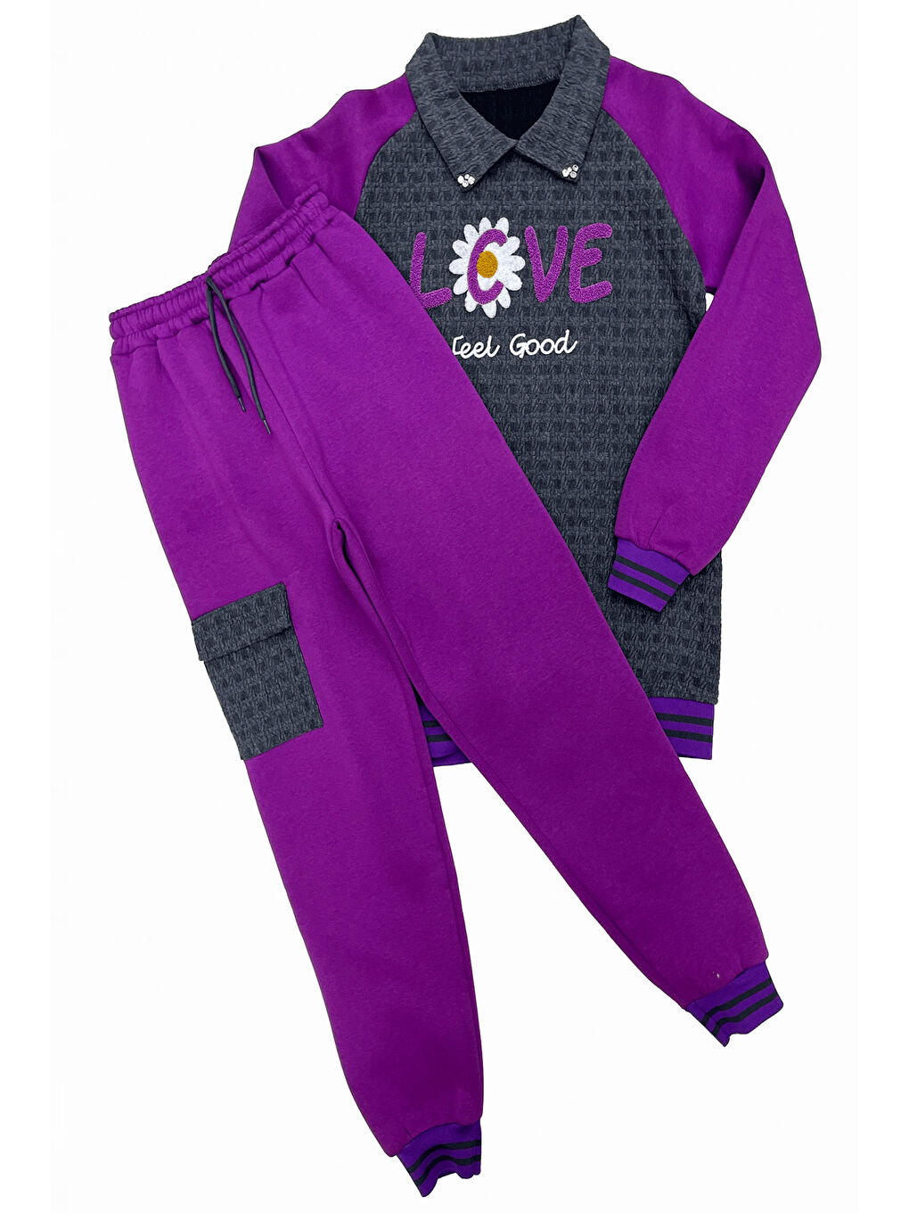 Lila Kız Çocuk Kargo Cepli Gömlek Yakalı ve Yaka Taşlı 3 İplik Alt Üst Takım 12328