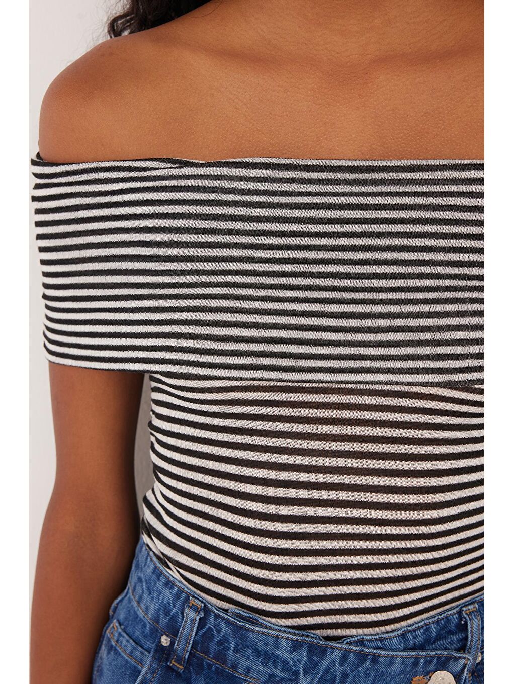 Karışık Kadın Slim Fit Dar Kesim Çizgili Straplez Bluz-2