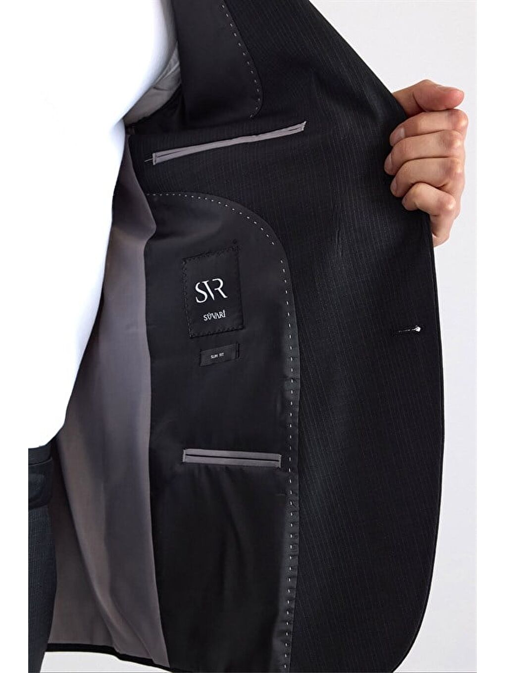 Siyah Slim Sivri Yaka Düz Pike Torba Cep Yıkamalı 6 Drop Takım Elbise-4