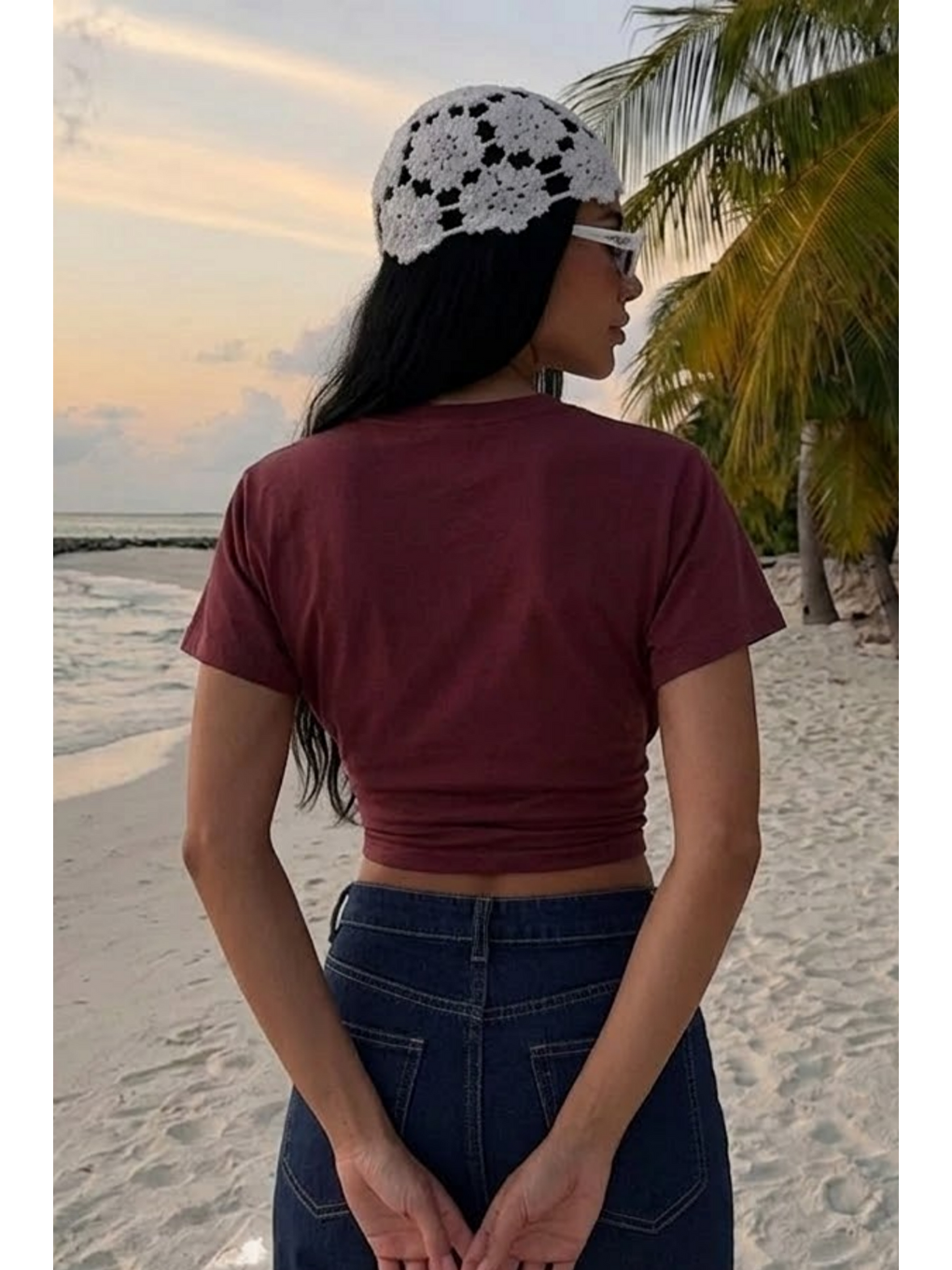 Kadın Yarasa Kollu Dar Bordo Crop Tişört-5