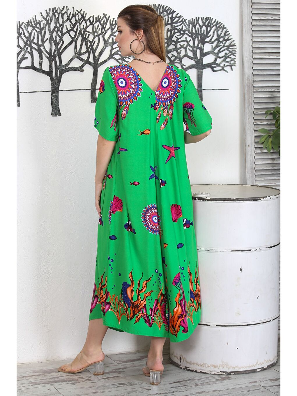 Yeşil V Yaka Kısa Kol Çift Cepli Allover Baskılı Casual Dokuma Elbise-4