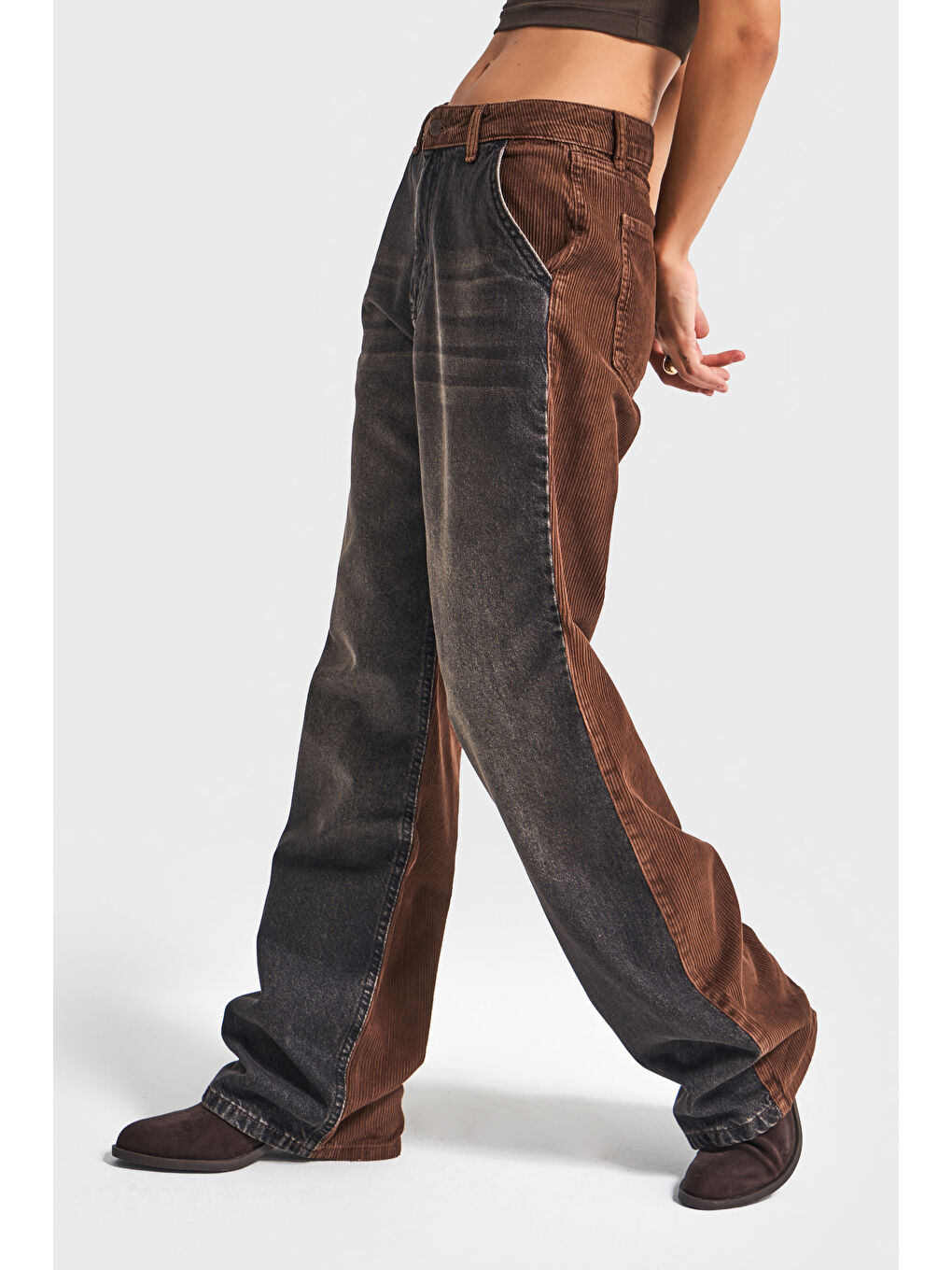 Gri Kadın Füme Kahverengi 2w5-87 Loose Fit Denim Kadife Kumaş Parçalı Tasarım Pantolon