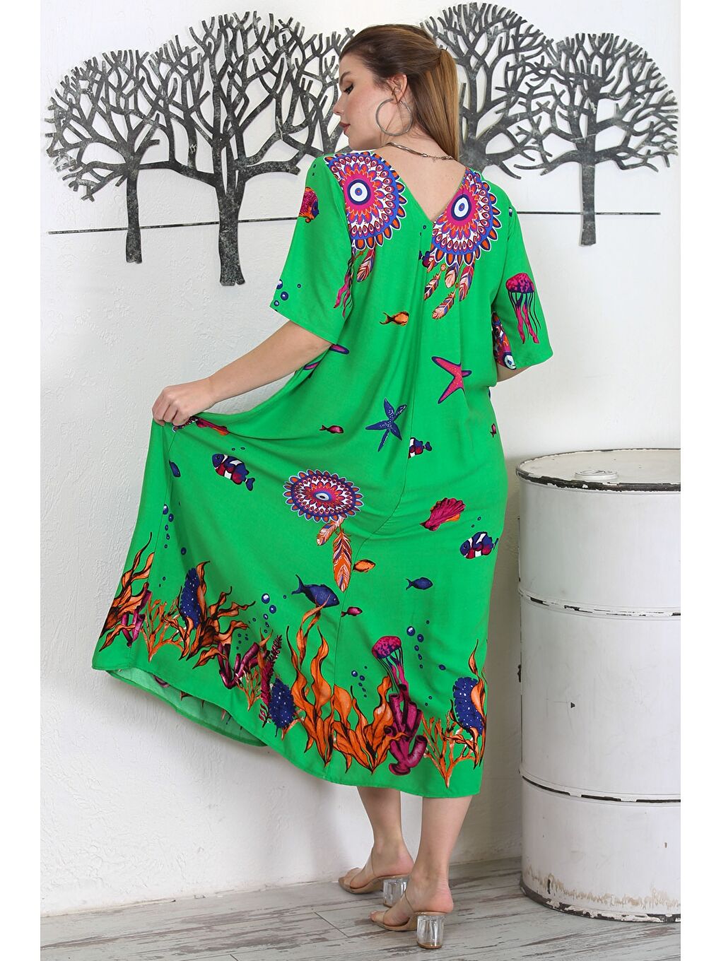 Yeşil V Yaka Kısa Kol Çift Cepli Allover Baskılı Casual Dokuma Elbise-6