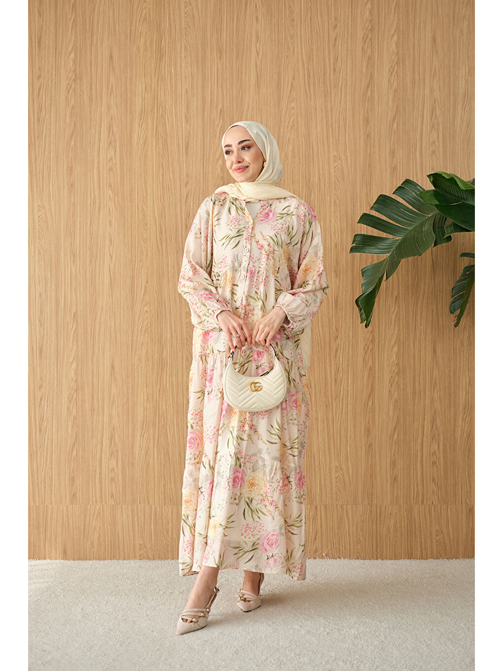 Kadın Gül Desenli Elbise Pembe-3