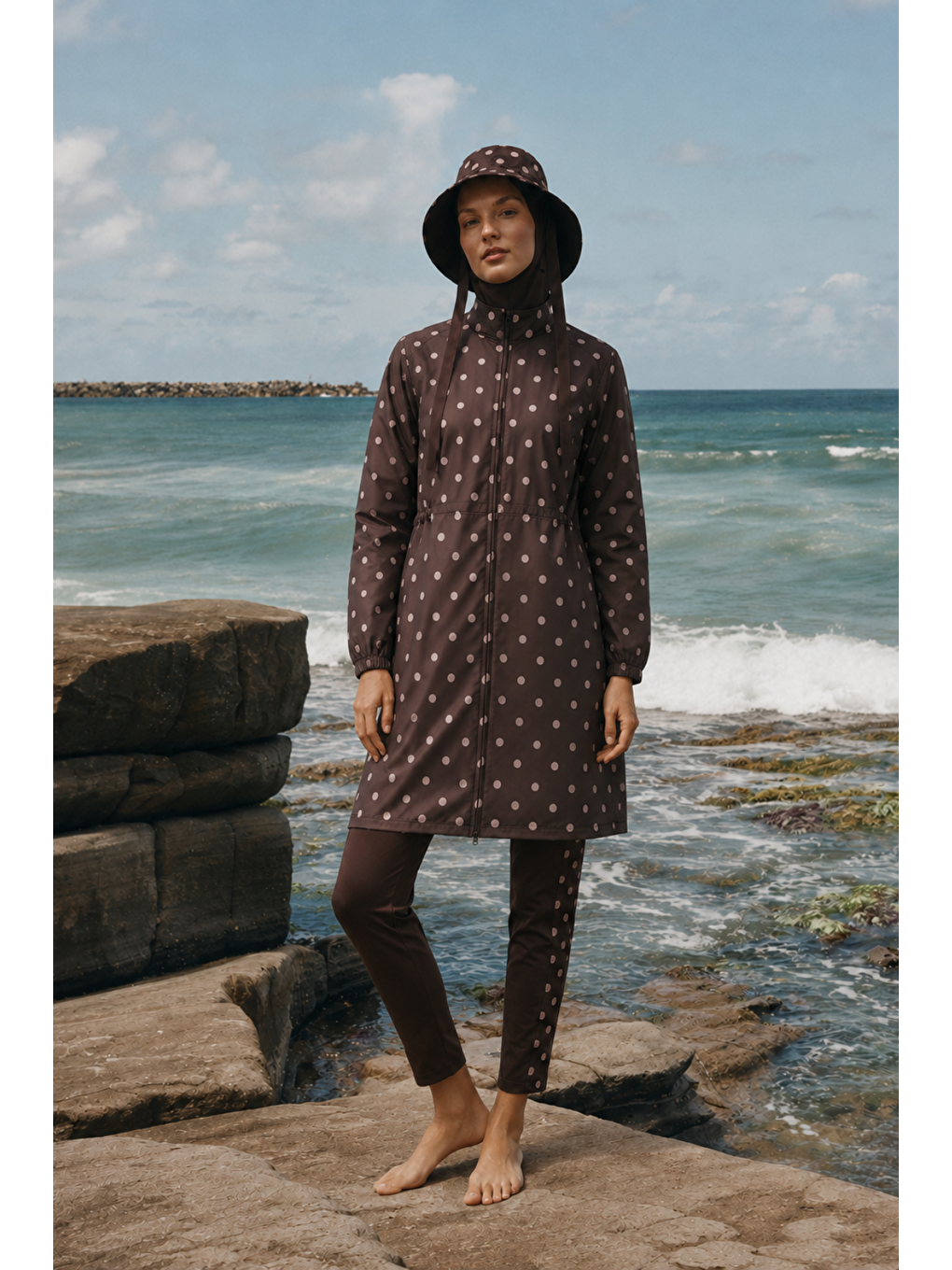Kahverengi Pearl Dot | Pudra Puantiyeli Kahve Stoperli Tesettür Mayo 5 Li Set