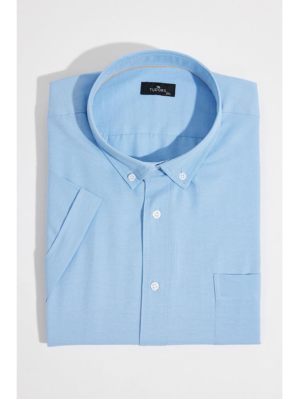 Erkek Büyük Beden Kısa Kol  Yaka Düğmeli Pamuklu Cepli Düz Mavi Gömlek