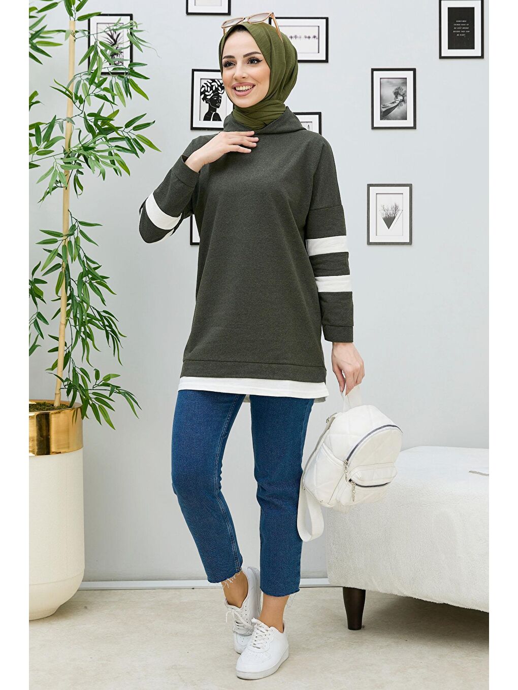 Kapüşonlu Yaka Kadın Haki Tunik - 3426