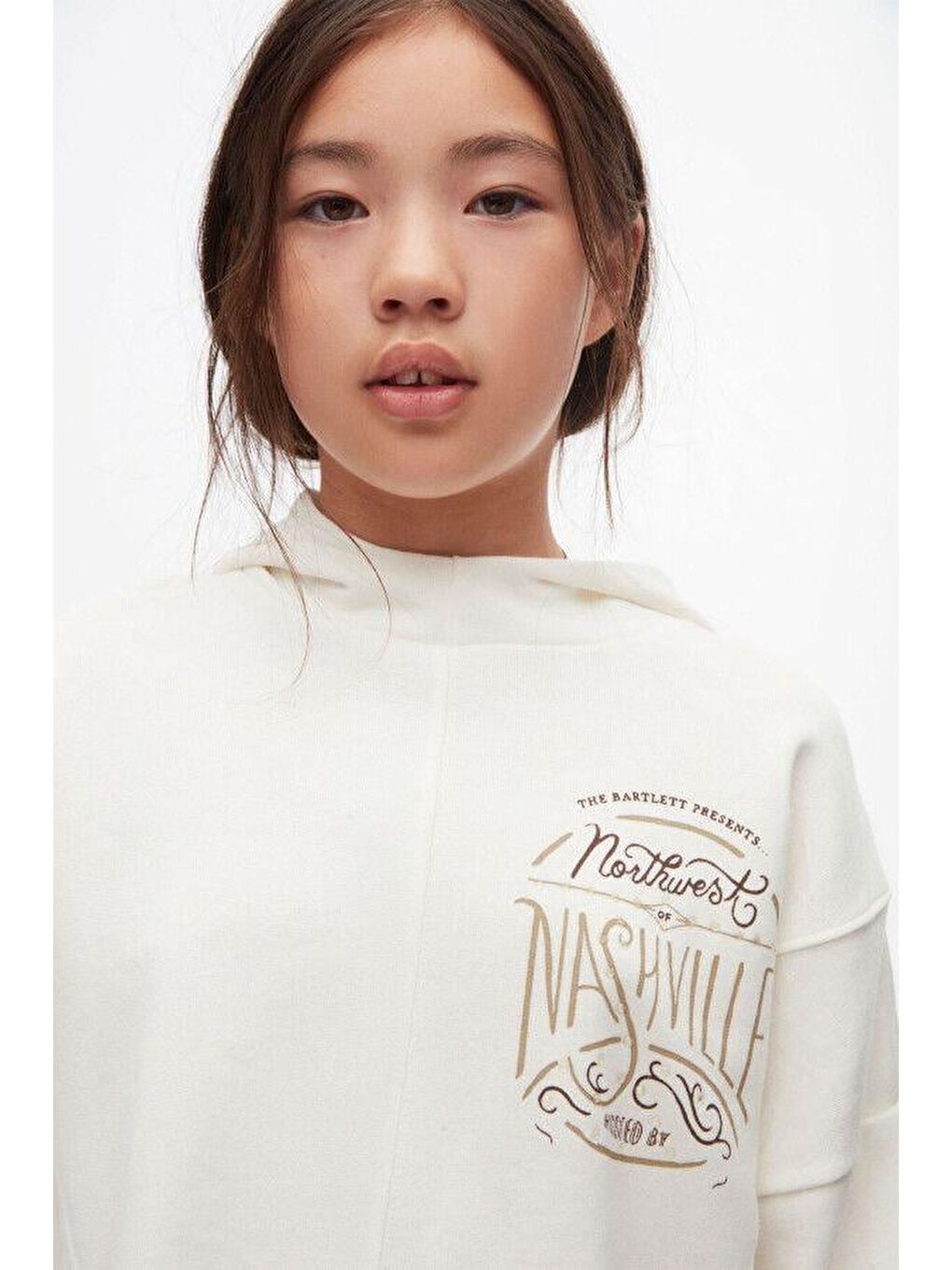 Beyaz Kız Çocuk Pamuklu Baskılı Kapüşonlu Sweatshirt-1