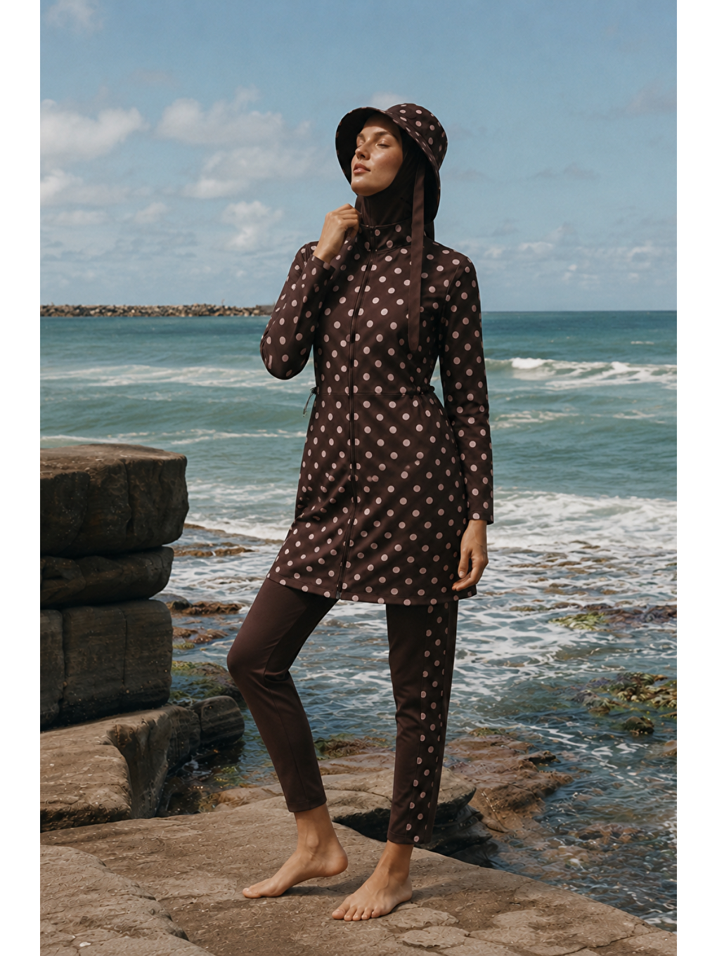 Kahverengi Pearl Dot | Pudra Puantiyeli Kahve Stoperli Tesettür Mayo 5 Li Set-1
