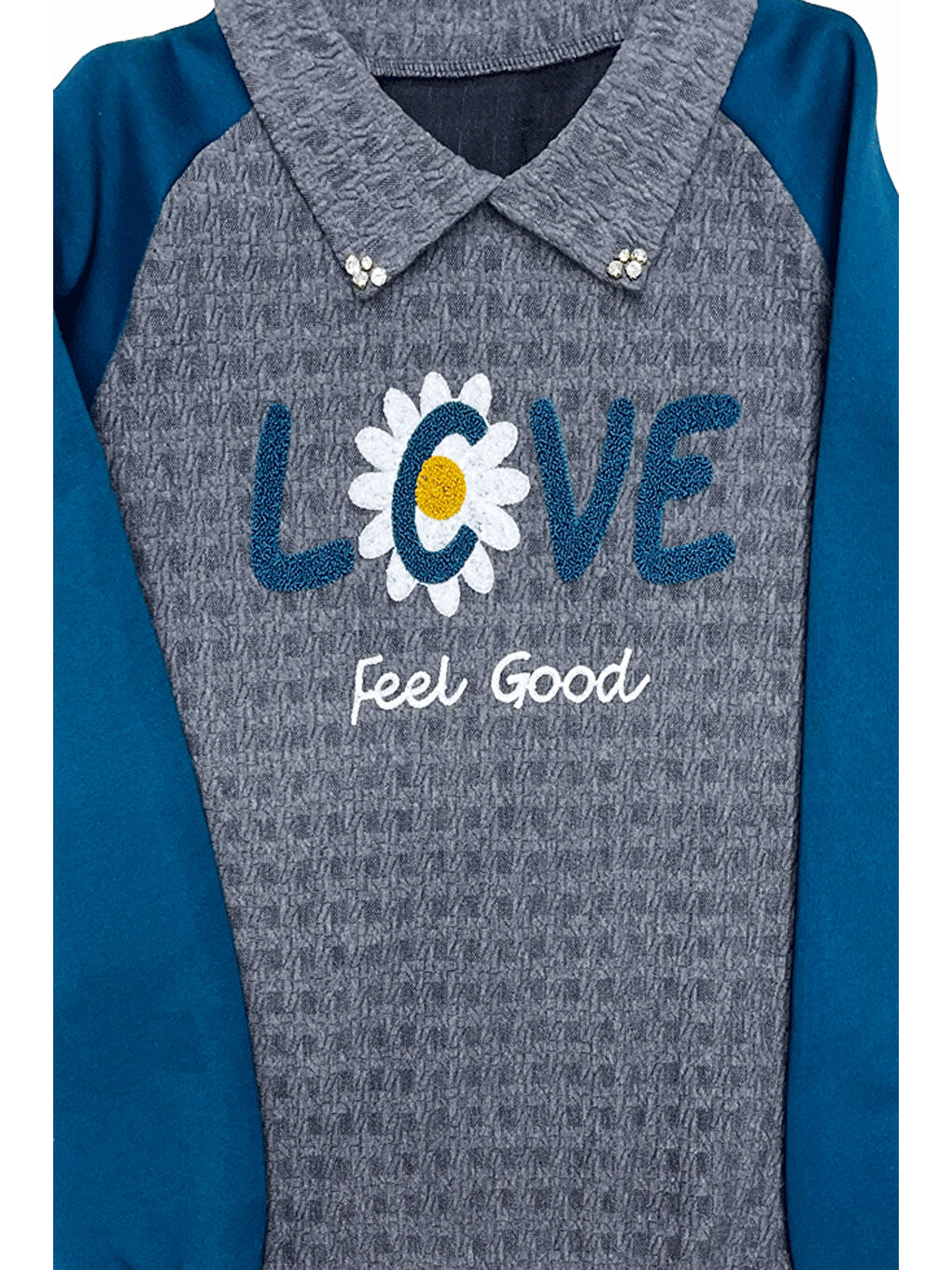 Petrol Kız Çocuk Kargo Cepli Gömlek Yakalı ve Yaka Taşlı 3 İplik Alt Üst Takım 12328-3