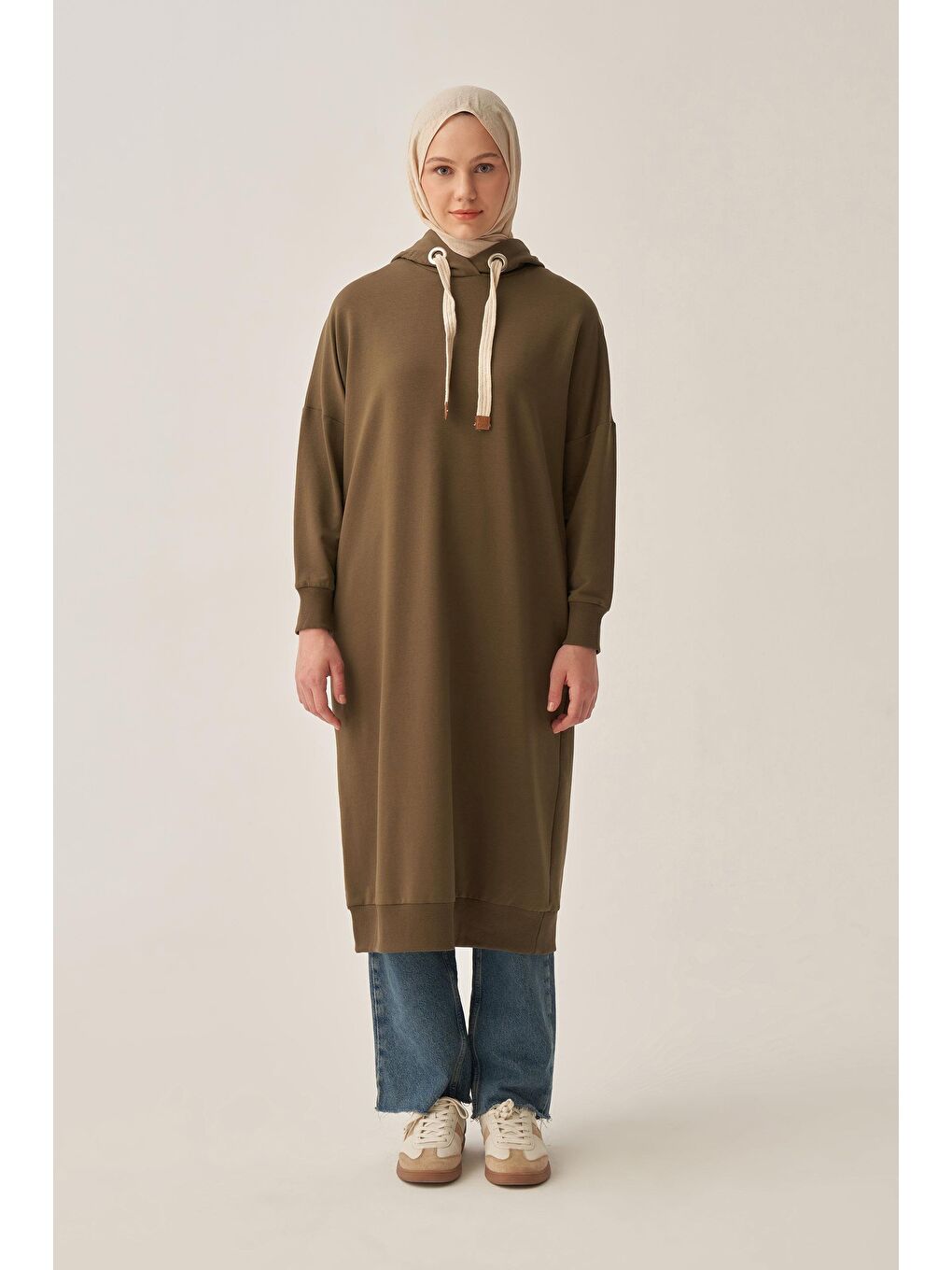 Haki-Kuşgözlü Kapüşonlu Cepli Sweat Tunik-1