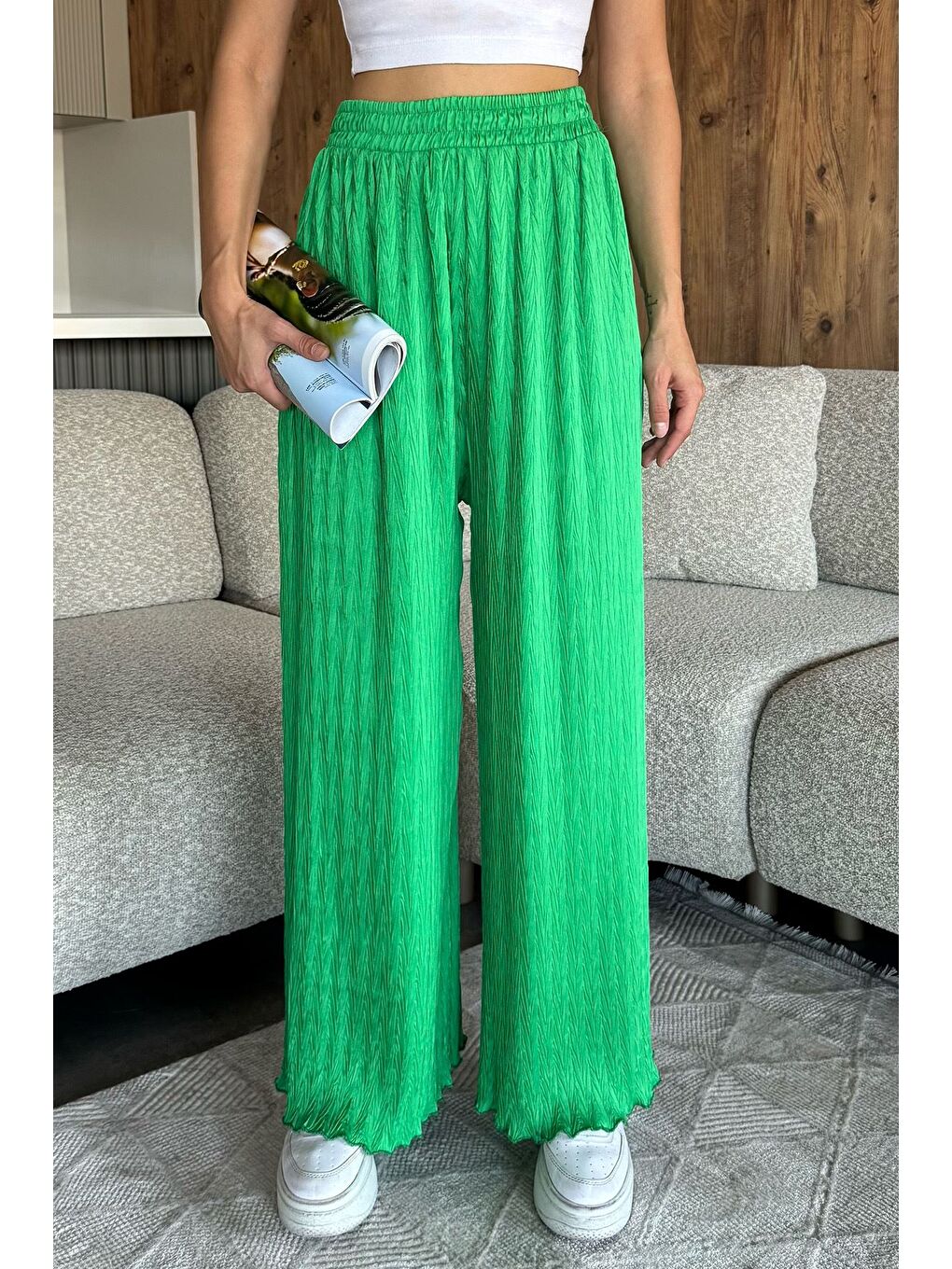 Yeşil Kendinden Desenli Bol Paça Pantolon (s,m,l,xl Uyumludur)