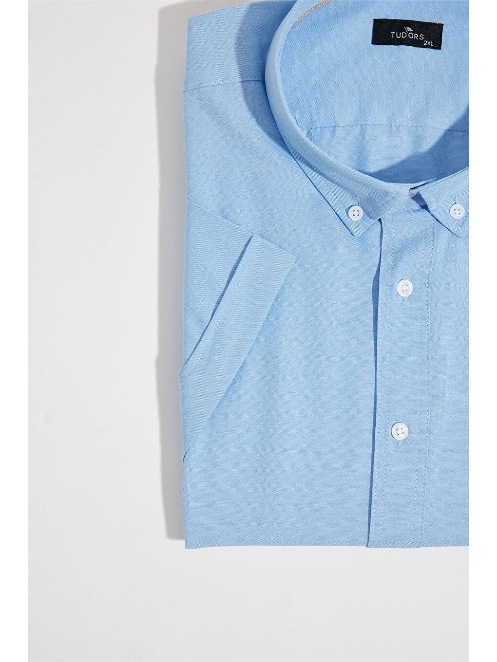 Erkek Büyük Beden Kısa Kol  Yaka Düğmeli Pamuklu Cepli Düz Mavi Gömlek-3