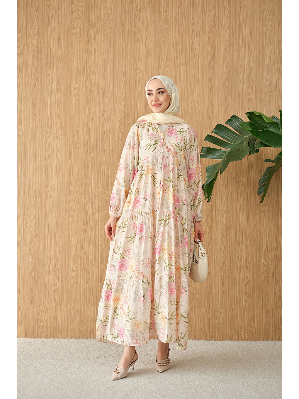 Kadın Gül Desenli Elbise Pembe-4