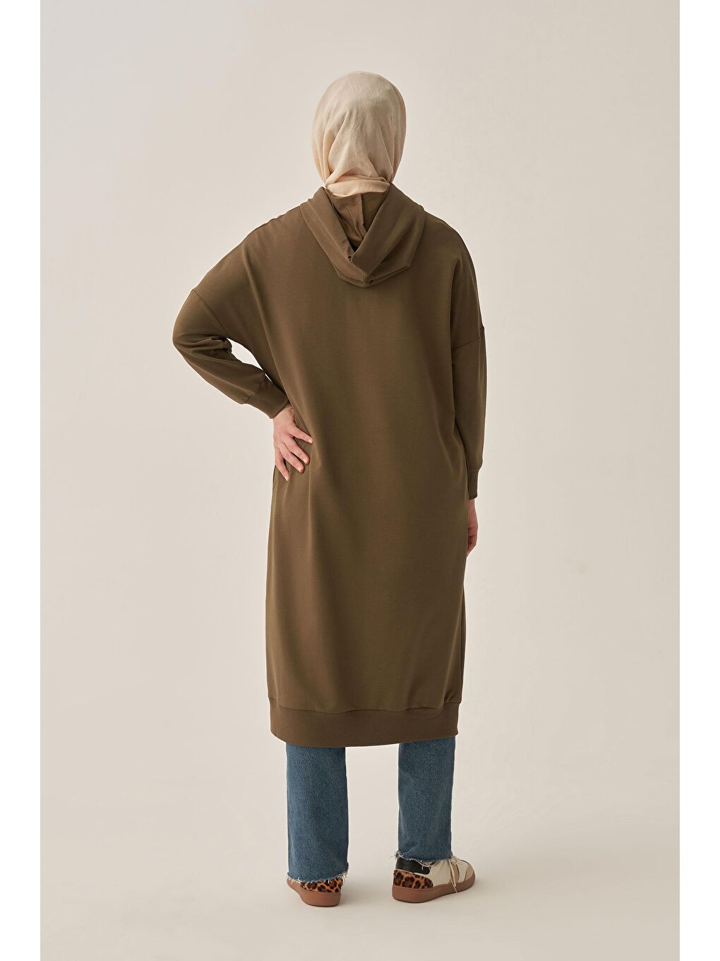 Haki-Kuşgözlü Kapüşonlu Cepli Sweat Tunik-2