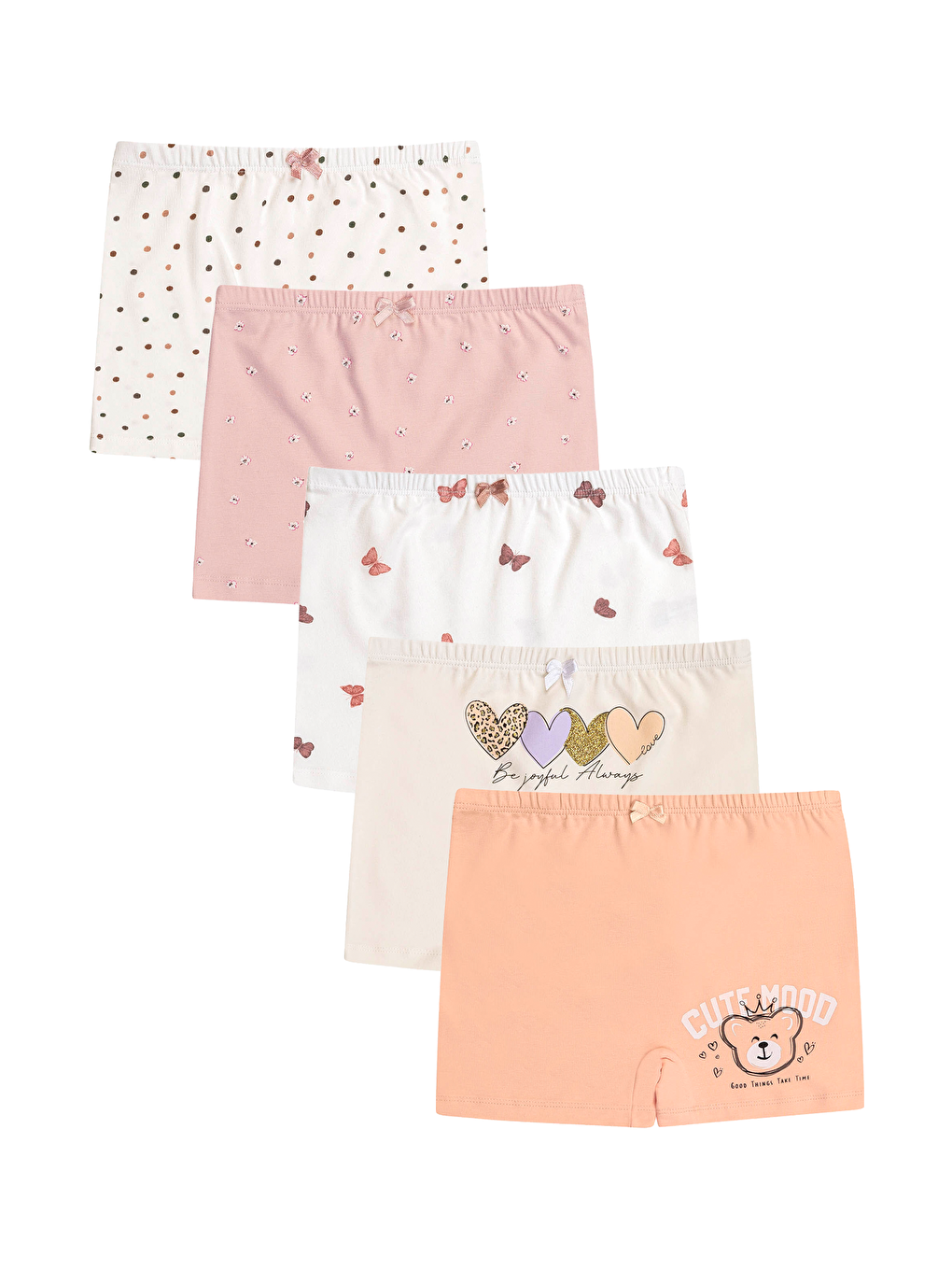 Beyaz 5'li Paket Kız Çocuk Karışık Desenli Pamuklu Yumuşak Şort Boxer | 41602