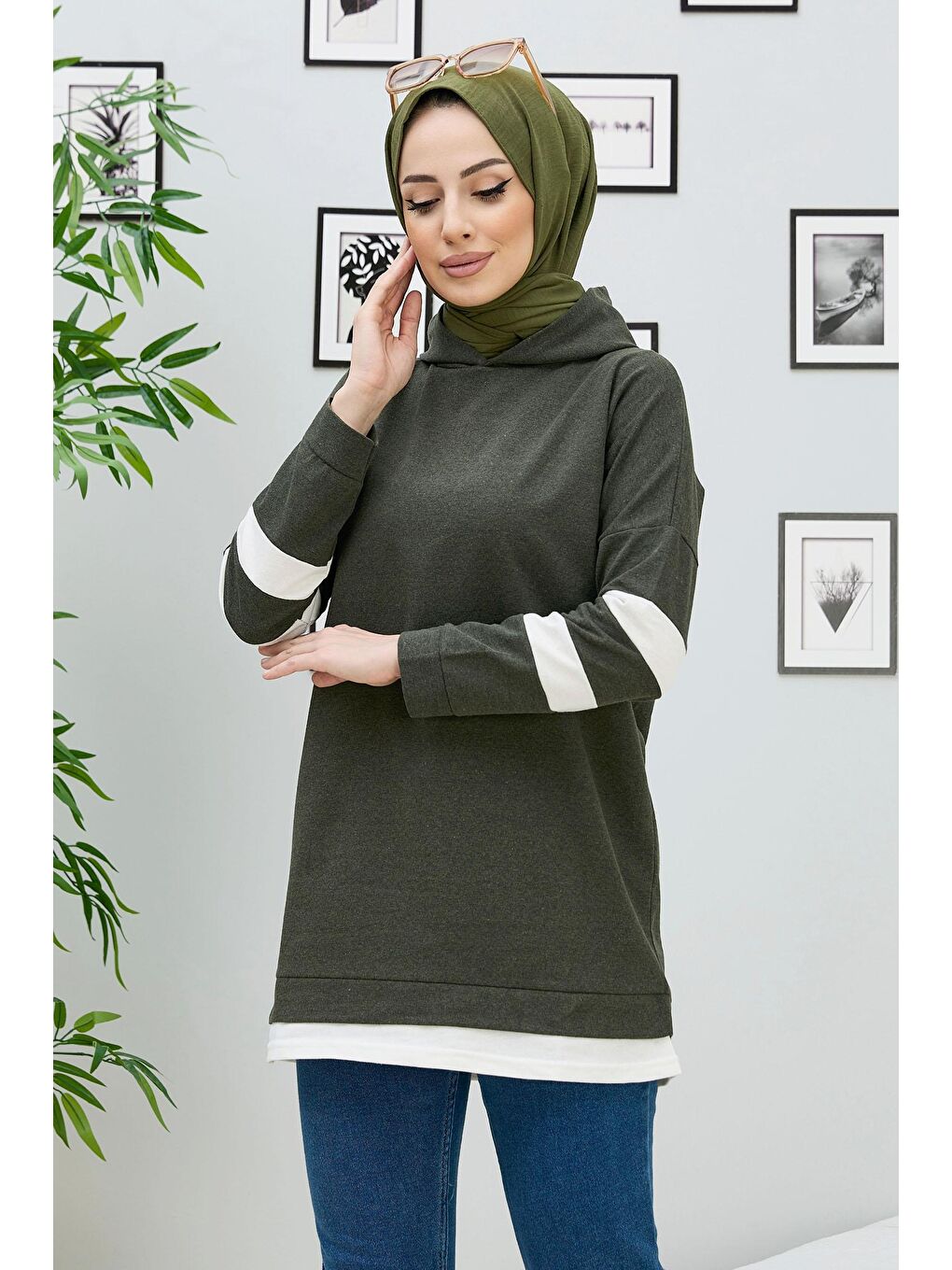 Kapüşonlu Yaka Kadın Haki Tunik - 3426-1