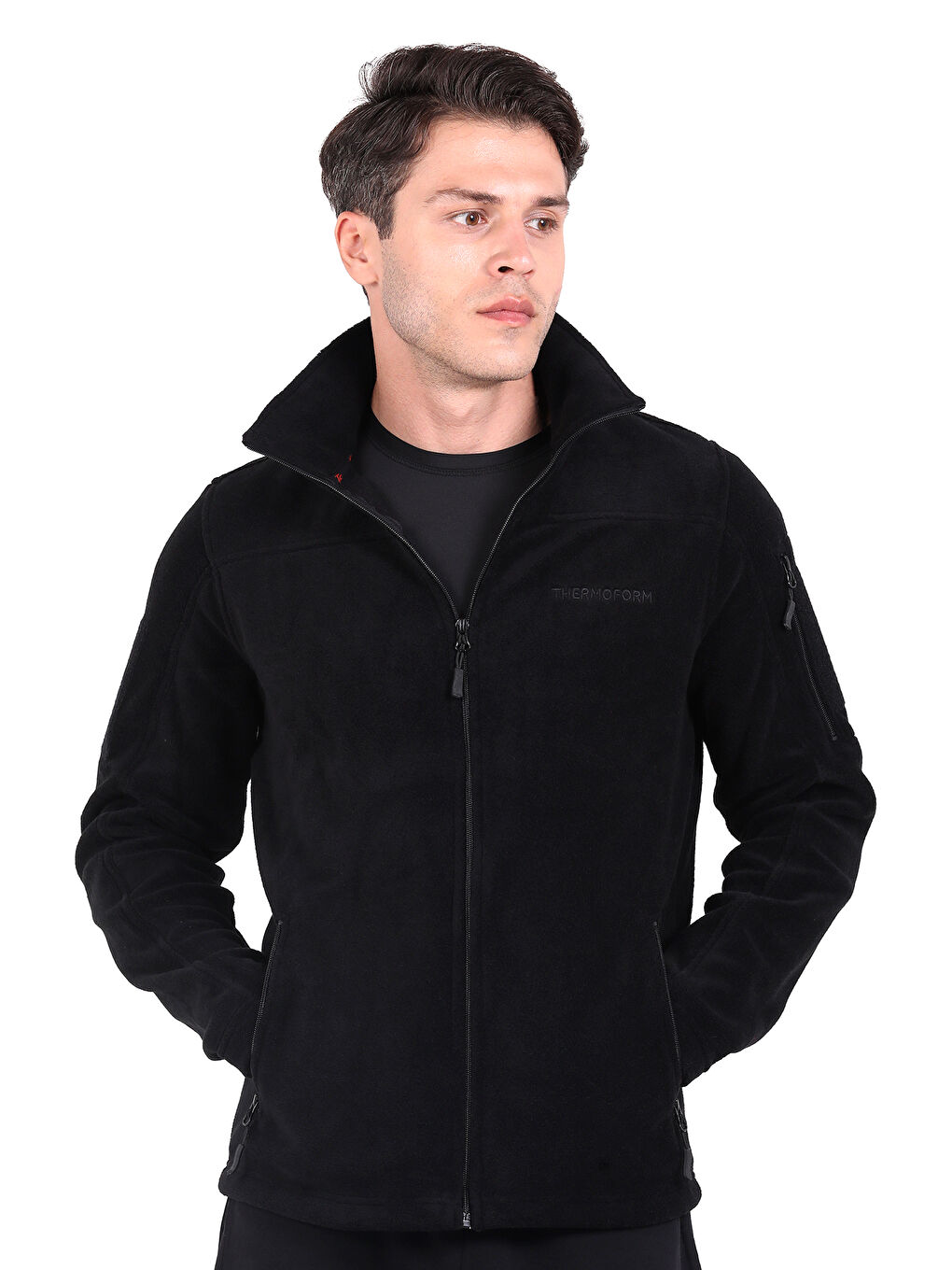 Siyah Erkek Polar Dik Yaka Fermuarlı Sweatshirt-1