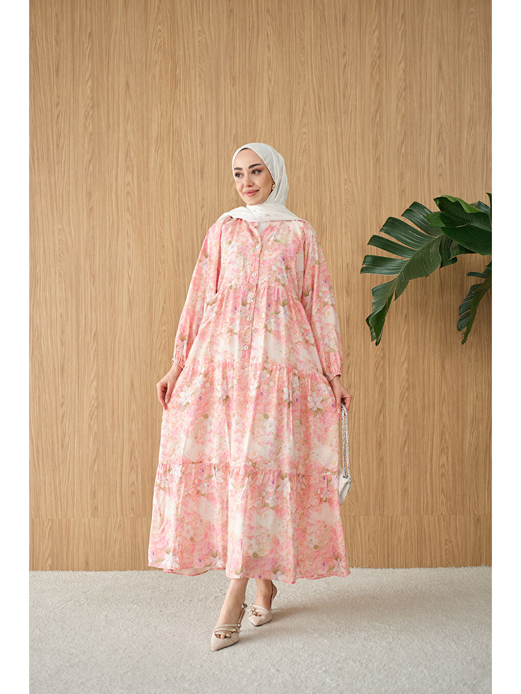 Kadın Şakayık Desen Elbise Pembe-1