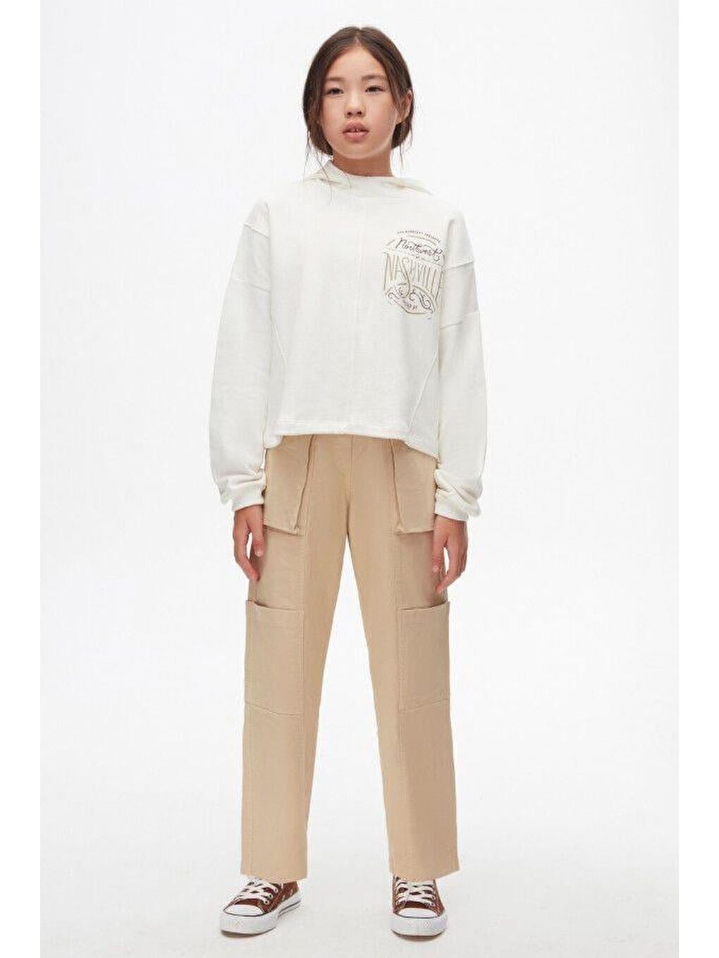 Beyaz Kız Çocuk Pamuklu Baskılı Kapüşonlu Sweatshirt-3