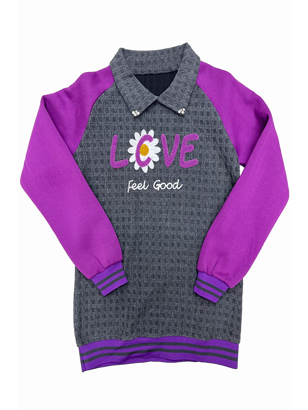 Lila Kız Çocuk Kargo Cepli Gömlek Yakalı ve Yaka Taşlı 3 İplik Alt Üst Takım 12328-1