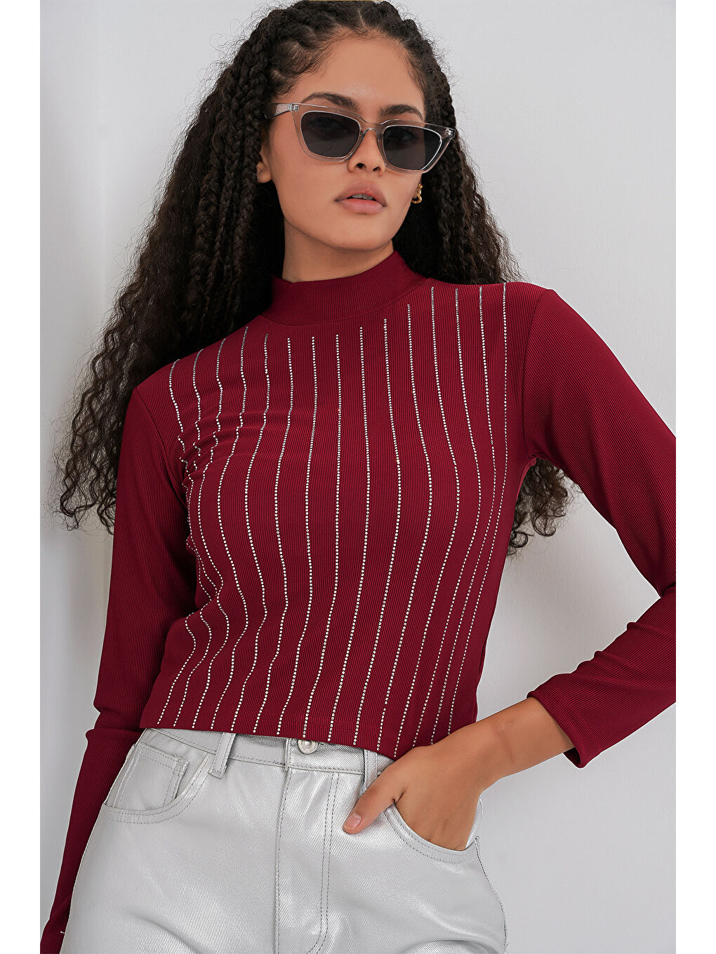 922 Taşlı Body - Bordo-3