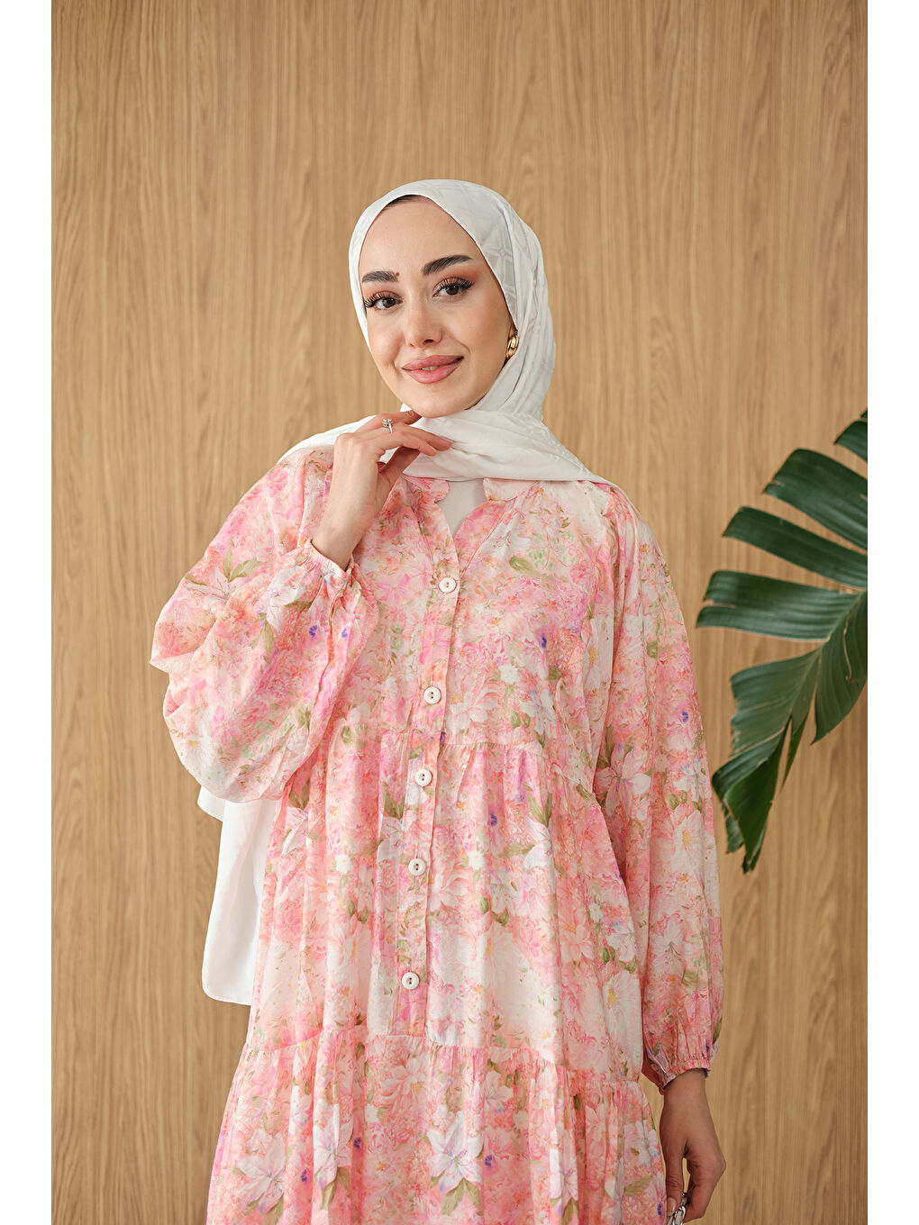 Kadın Şakayık Desen Elbise Pembe-2