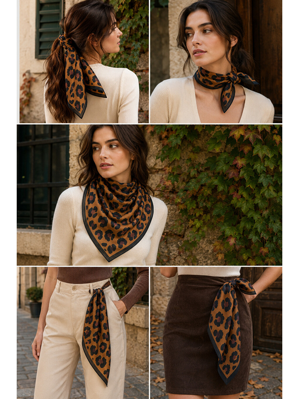 Kahverengi Kadın Kahve Leopar Desenli Pamuk 70x70 Ithal Fular Flr6018-1
