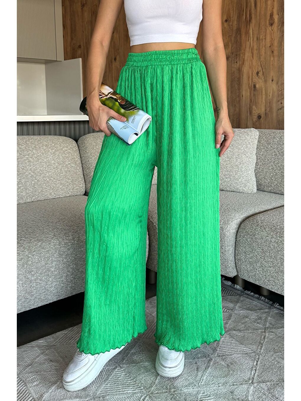 Yeşil Kendinden Desenli Bol Paça Pantolon (s,m,l,xl Uyumludur)-1