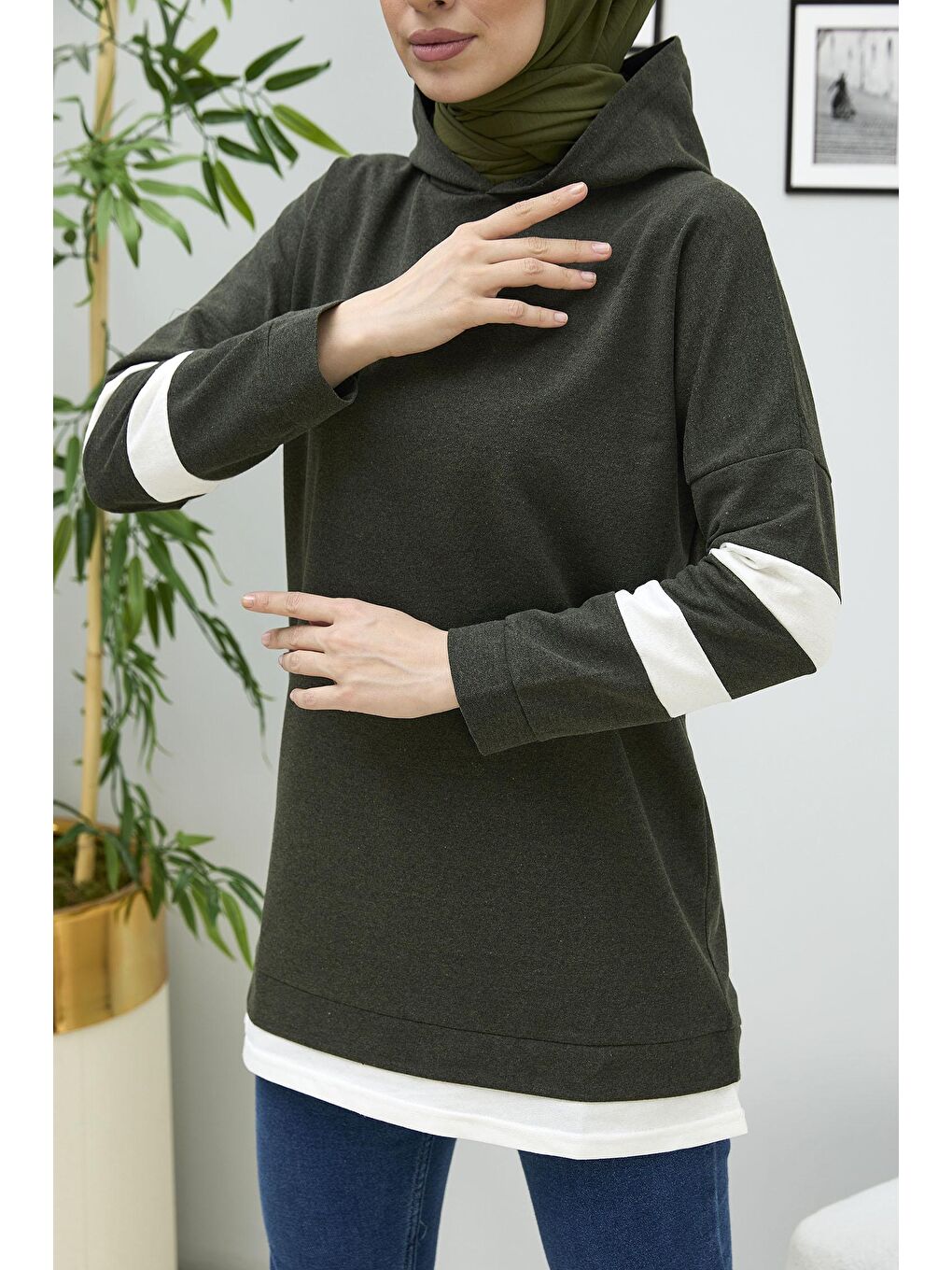 Kapüşonlu Yaka Kadın Haki Tunik - 3426-2