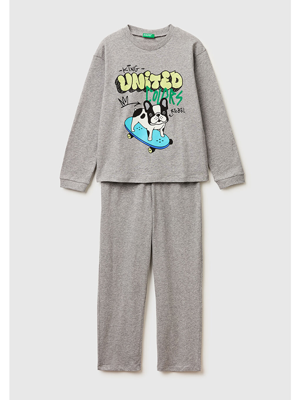 Erkek Çocuk Gri melanj Kabarık Simli Baskılı Uzun Kollu Pijama Takımı