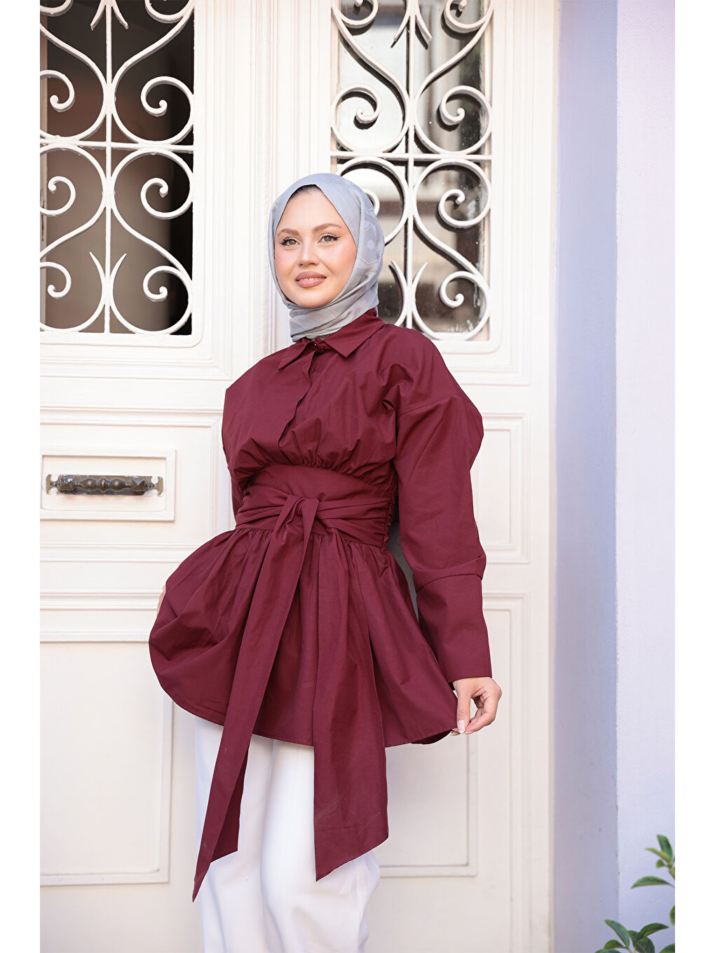 Kadın Bali Poplin Gömlek Bordo-1