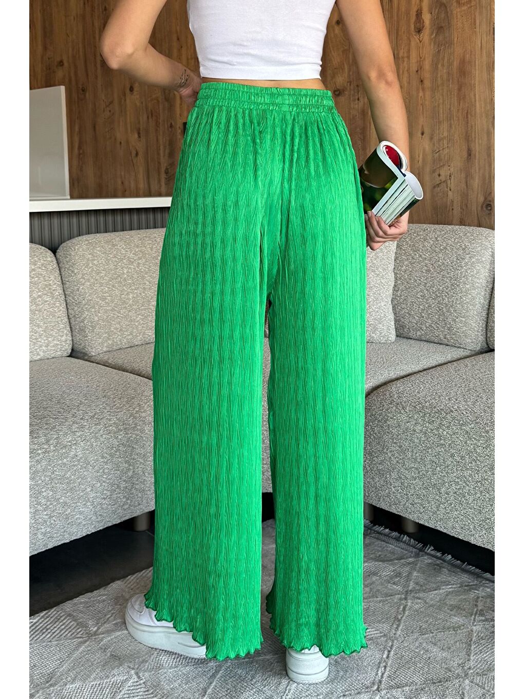 Yeşil Kendinden Desenli Bol Paça Pantolon (s,m,l,xl Uyumludur)-2