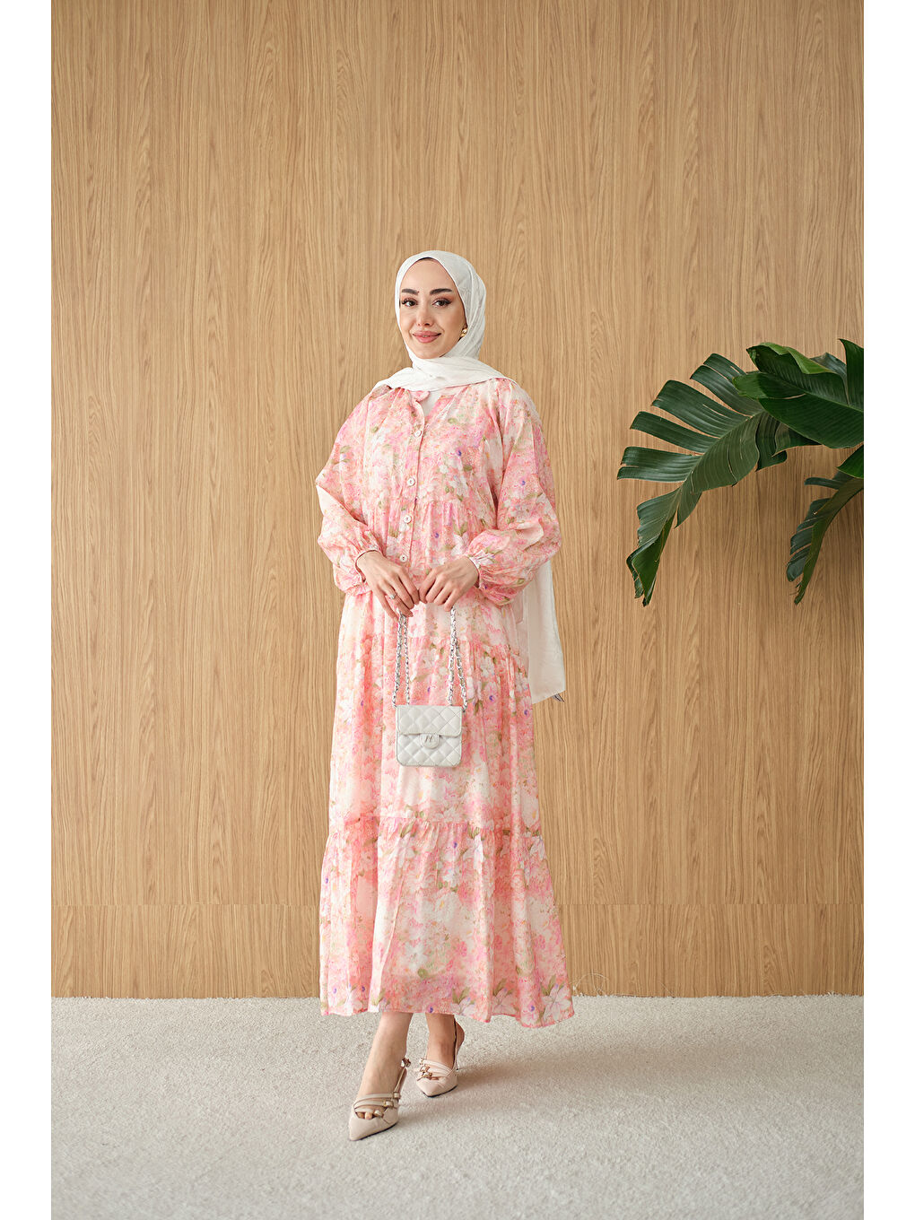 Kadın Şakayık Desen Elbise Pembe-3