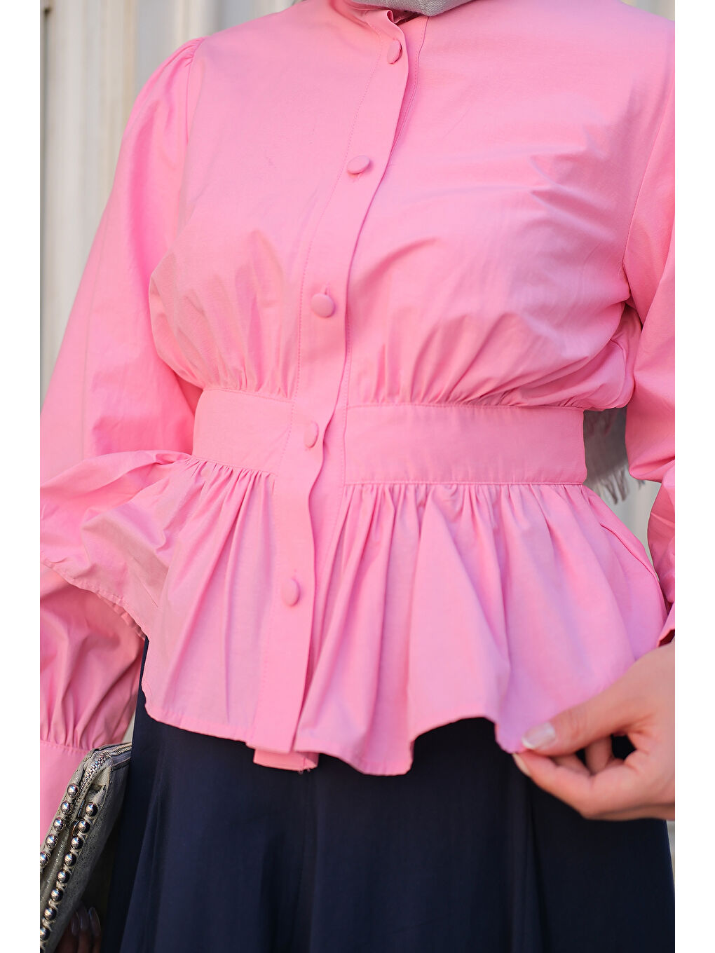 Kadın Beli Büzgü Detaylı Gömlek Pembe-4