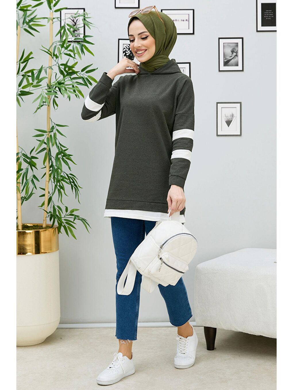 Kapüşonlu Yaka Kadın Haki Tunik - 3426-3