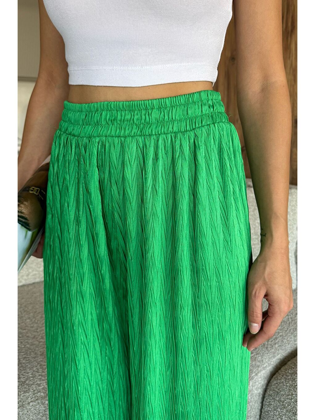 Yeşil Kendinden Desenli Bol Paça Pantolon (s,m,l,xl Uyumludur)-3