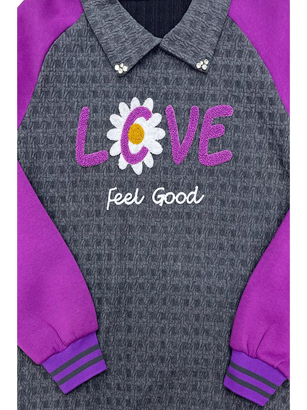 Lila Kız Çocuk Kargo Cepli Gömlek Yakalı ve Yaka Taşlı 3 İplik Alt Üst Takım 12328-3